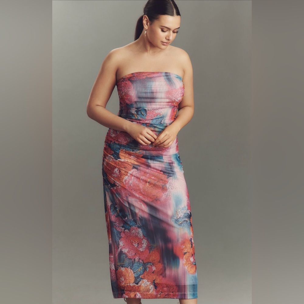 NWT Anthropologie Soleil Slim Strapless Ruched Mesh Dress in Pink, Large